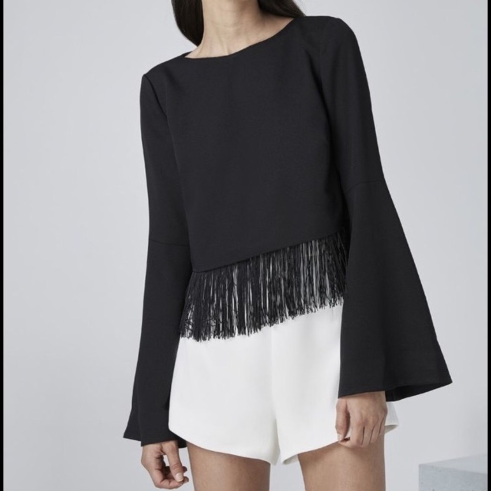 "Vertigo" Black Fringe Crop Top w/ Bell Sleeves